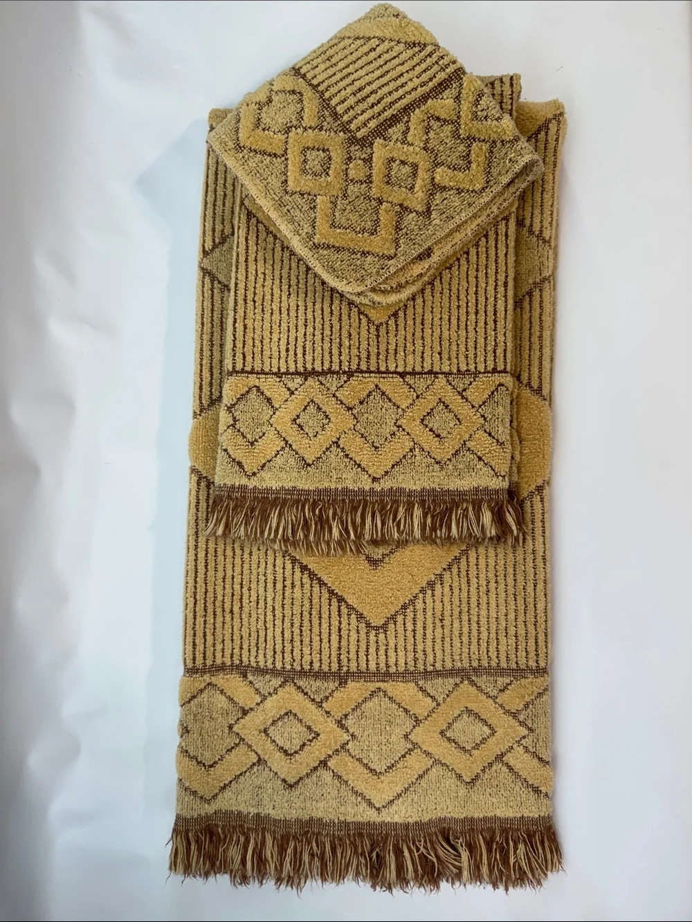 Vtg Dundee 3 Pc Towel Set Southwestern Aztec Geometric Beige Brown Fringe MCM US